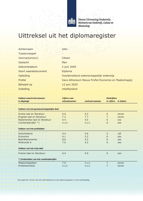 Netherlands MboRijnland Diploma Register Extract template in Word and PDF format